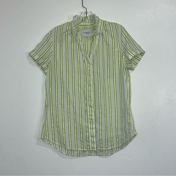 Rochelle Behrens The Shirt Short Sleeve Ruffled Collar Fluorescent Stripe Top - Picture 5 of 12